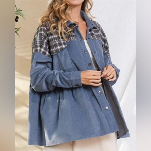 Ces Femme Blue Plaid Contrast Ribbed Oversized Jacket Shacket Baggy Top Shirt - Picture 7 of 12